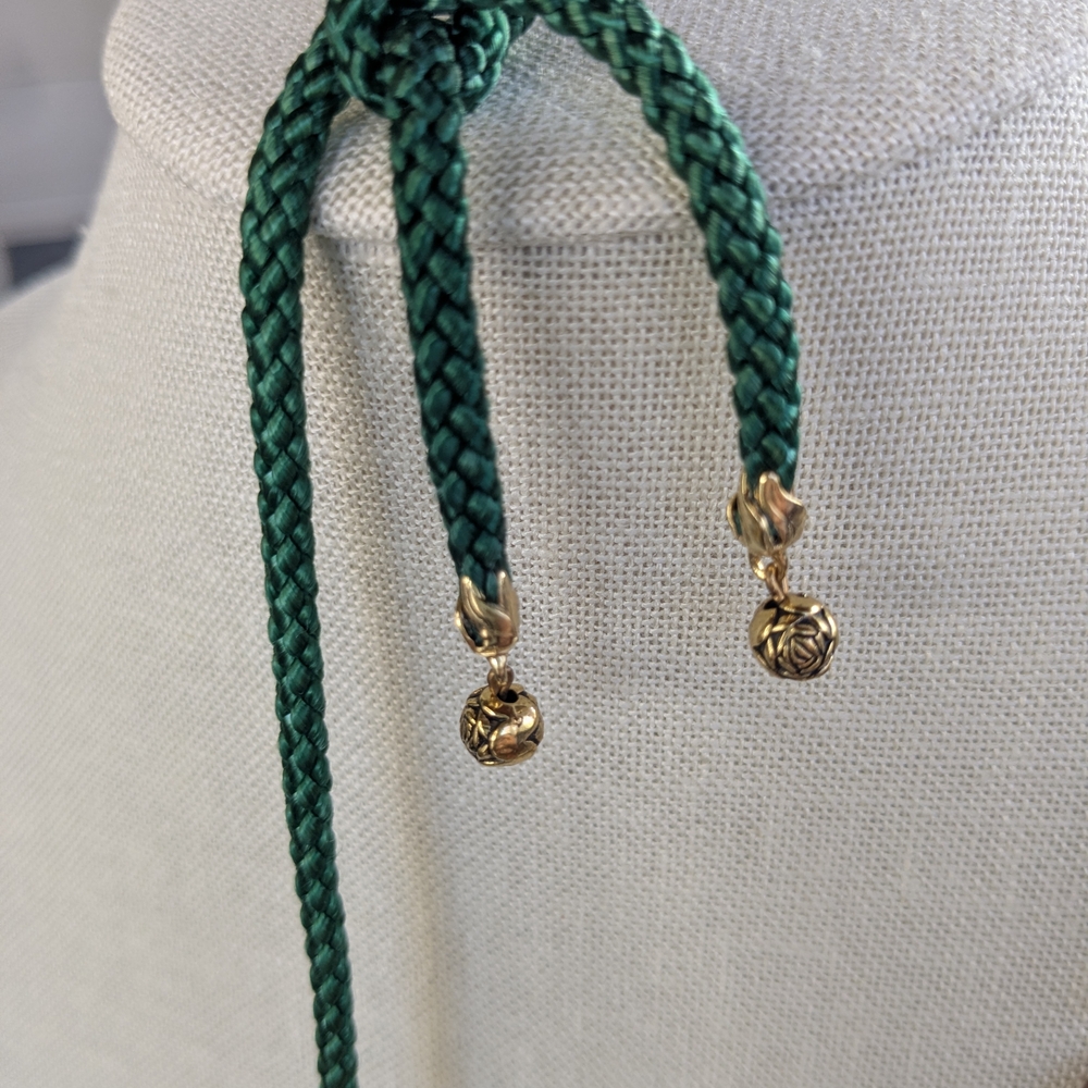 Cloisonné Lotus Pendant Necklace Green Purple Tassel Statement Boho Vintage - Picture 6 of 6